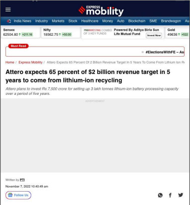 Attero expects 65 percent of $2 billion revenue target in 5 years to come from lithium-ion recycling