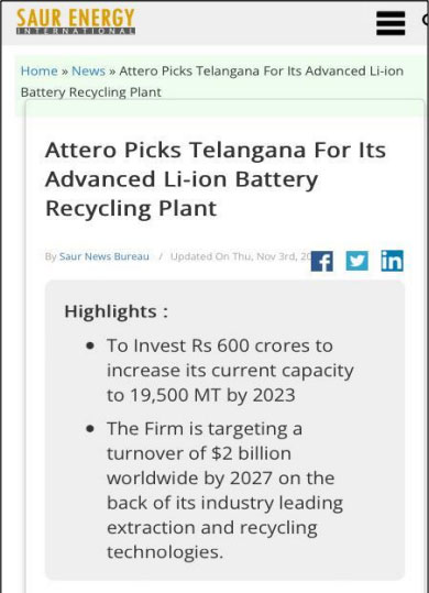 Attero picks Telangana for its advanced Li-ion battery recycling plant