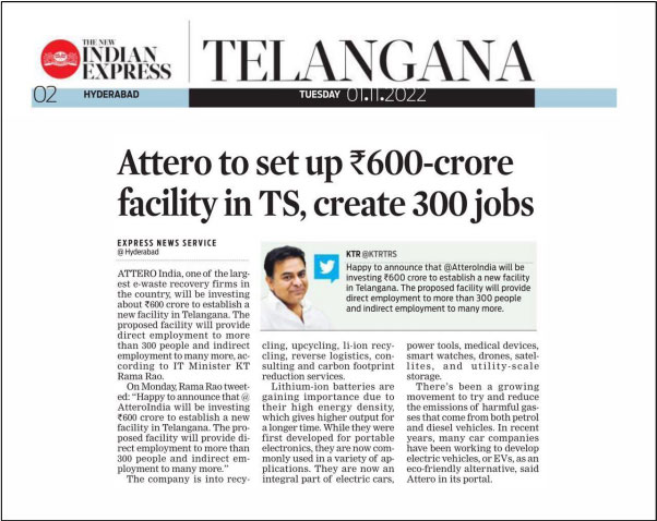 Attero to set up Rs 600-crore facility in TS, create 300 jobs