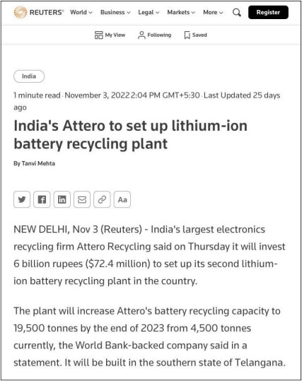 India’s Attero to set up lithium-ion battery recycling plant