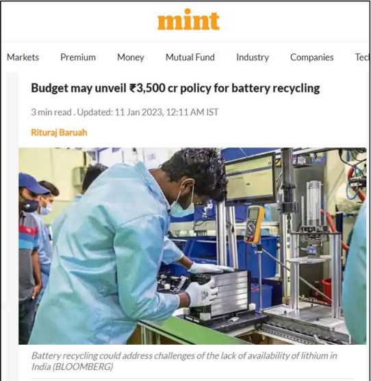 Budget may unveil Rs. 3500 cr policy for battery recycling