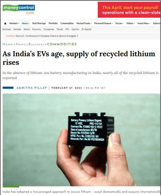 As India’s EVs age, supply of recycled lithium rises
