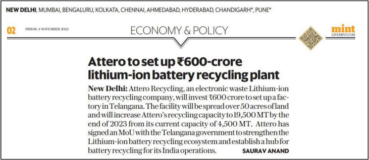 Attero to set up Rs 600-crore lithium-ion battery recycling plant
