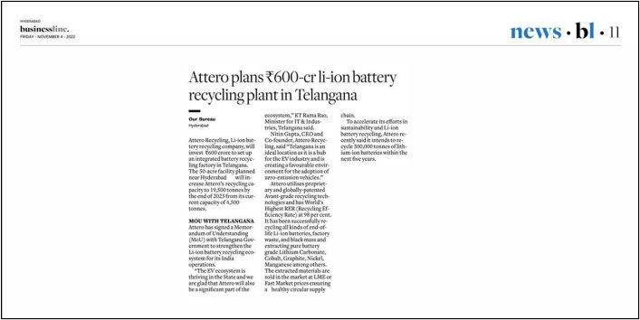 Attero plans Rs 600-cr li-ion battery recycling plant in Telangana