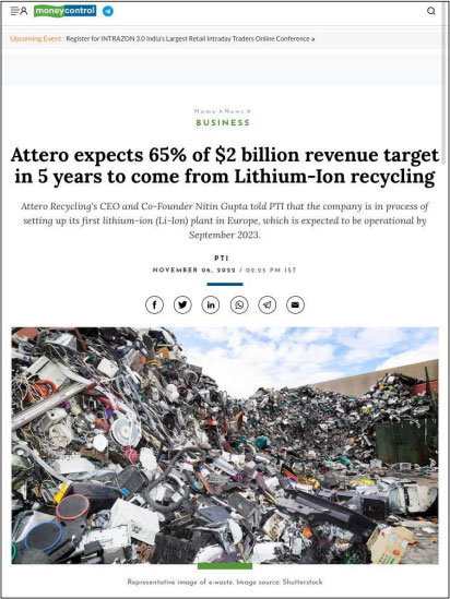 Attero expects 65% of $2 billion revenue target in 5 years to come from lithium-Ion recycling