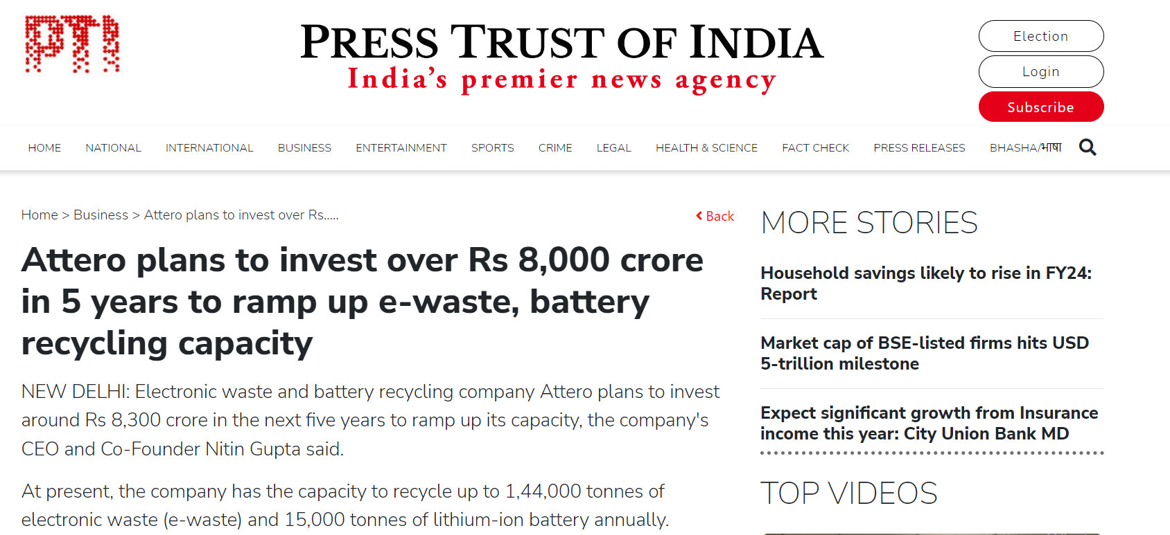 Attero Plans to Invest Over Rs 8,000 Crore in 5 Years to Ramp Up E-Waste, Battery Recycling Capacity